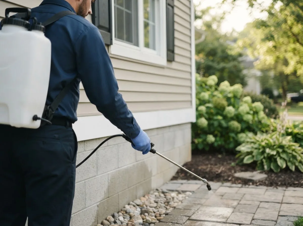 Pest control technician inspecting a home in Missouri Valley, IA